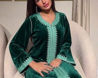 Emerald Green Velvet Kaftan Set, Embroidered Moroccan Wedding Dress