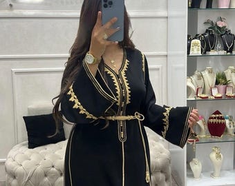 Handmade Moroccan Kaftan with Gold Embroidery, Gandoura For Women, Elegant Wedding Caftan