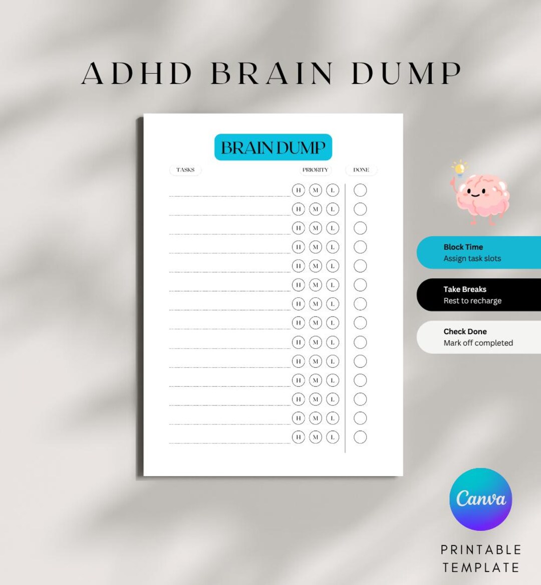Editable ADHD Brain Dump Printable, ADHD Planner, to Do List Template ...