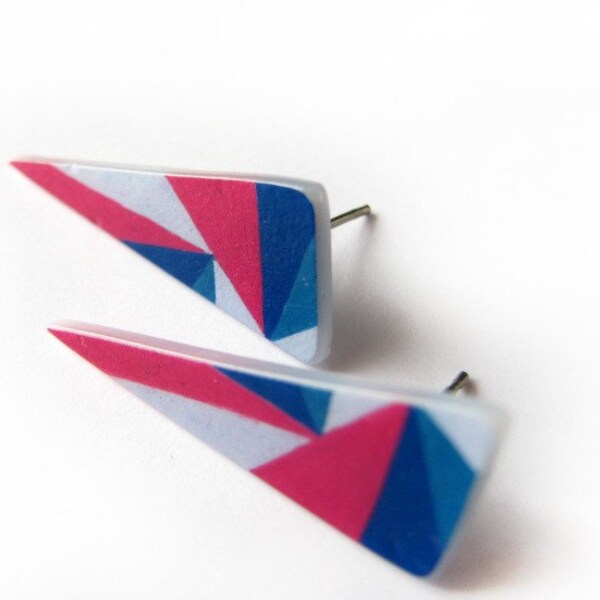 Geometric Triangle post earrings in pink and blue