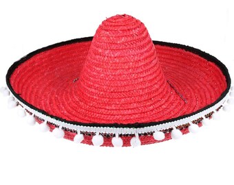 Cappello di paglia Wild Western con pon pon sombrero messicano - rosso