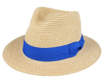 Cappello Fedora in paglia in edizione limitata con fascia blu reale - Naturale