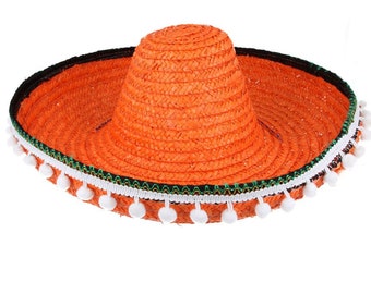 Cappello di paglia Wild Western con pon pon sombrero messicano - arancione