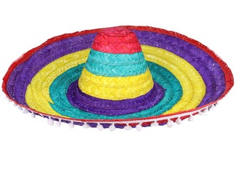 Cappello di paglia Wild Western con pon pon sombrero messicano - multicolore