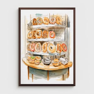 PRINTABLE Wall Art – Vintage Watercolor Bakery Bagels Inspired by Roald Dahl & Quentin Blake – Perfect for Classroom, Nursery, or Gift!