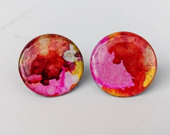 Red, pink, purple and gold alcohol ink statement studs earrings