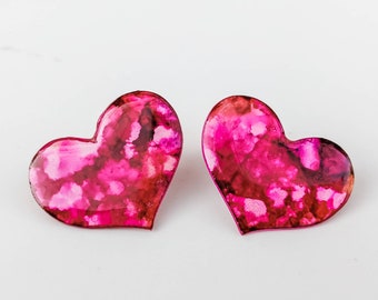Pink, purple and red alcohol ink Valentine heart studs