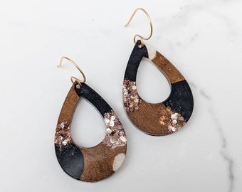 Brown, black tan and gold sparkly teardrop earrings