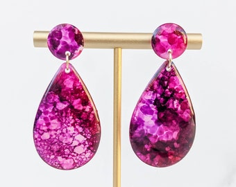 Pink and purple alcohol ink teardrop earrings