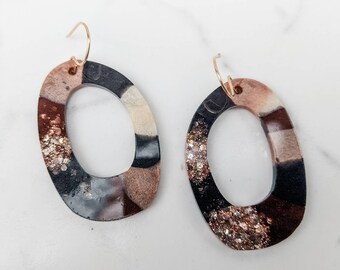 Black, brown, tan and gold glittery resin organic oval drop earrings