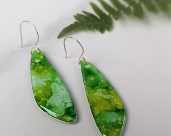 Bright Green alcohol ink dangle earrings