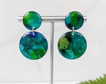 Blue-green alcohol ink circle dangle earrings