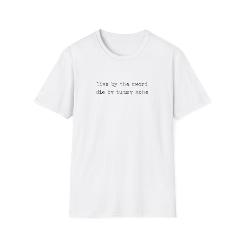 live by the sword die by tummy ache | funny dark souls raccoon tee shirt, anxiety warrior meme t-shirt, gamer humor unisex shirt image 1