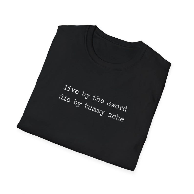 live by the sword die by tummy ache | funny dark souls raccoon tee shirt, anxiety warrior meme t-shirt, gamer humor unisex shirt image 3