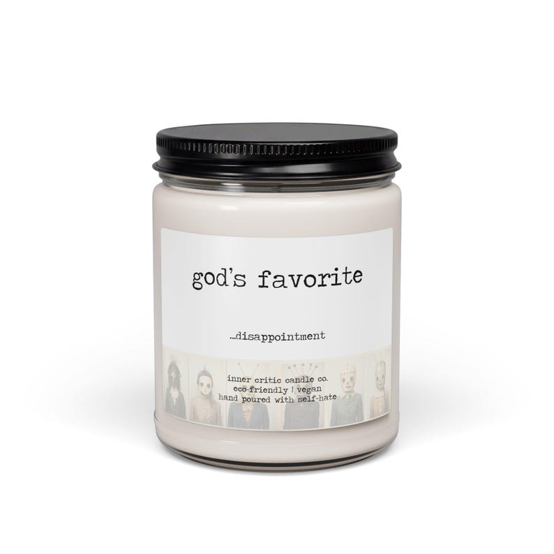god's favorite disappointment | dark humor candle, sarcastic candle gift, funny gag gift for her, mental health, sad aesthetic image 1