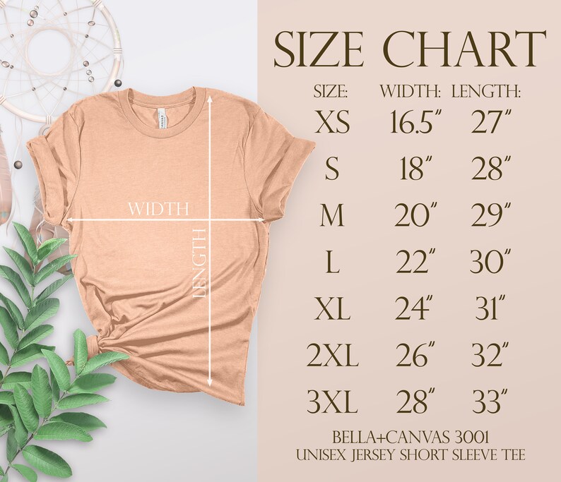 Op de afbeelding: Maattabel voor een unisex T-shirt met korte mouwen, met de afmetingen in inches voor de maten XS, S, M, L, XL, 2XL en 3XL. De tabel is gedrukt op een lichtbruine achtergrond met witte tekst. BELLA+CANVAS 3001 UNISEX JERSEY SHORT SLEEVE TEE is onder de tabel gedrukt.