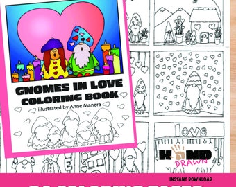 May include: A pink and white coloring book cover with the title "Gnomes in Love Coloring Book" illustrated by Anne Manera. The cover features a couple of gnomes in love with a heart shape behind them. The book has 24 coloring pages.