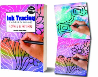 May include: A book titled "Ink Tracing: Florals & Patterns" with a colorful floral design on the cover. The book shows a hand tracing a floral design with a black pen. The book has 50 pages.