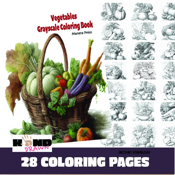 Vegetables Still Life Grayscale Coloring 28 Pages PDF Instant Download