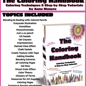 Op de afbeelding: De omslag van het boek "The Coloring Handbook", volume 1, met een kleurrijke illustratie van kleurpotloden en een bloem. De titel van het boek staat in vetgedrukt zwart en de ondertitel is "Coloring Techniques & Step by Step Tutorials".