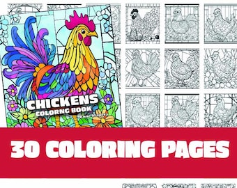 May include: A colouring book featuring a colourful rooster with stained glass-like patterns. The cover reads "Chickens Colouring Book" by Anne Mancera. The book includes 30 colouring pages.