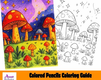 Colored Pencils Coloring Guide Mushroom at Night Coloring Page