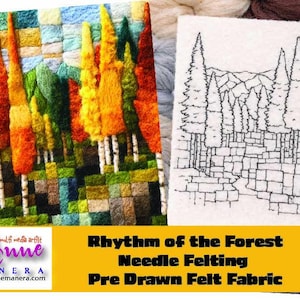Può includere: Un'opera d'arte colorata in feltro ad ago e un tessuto in feltro pre-disegnato. L'opera raffigura una scena di foresta con alberi nei toni dell'arancione, giallo, verde e bianco. Il tessuto pre-disegnato mostra un'illustrazione di foresta in bianco e nero. Il testo recita "Rhythm of the Forest Needle Felting Pre Drawn Felt Fabric."