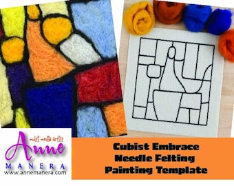 May include: A colorful felted artwork with a stained glass effect, featuring yellow, orange, blue, and red hues. Next to it is a white template with a black outline design. The text reads "Cubist Embrace Needle Felting Painting Template."