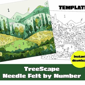 Op de afbeelding: Een kleurgecodeerde landschapsafbeelding met nummers, getiteld "TreeScape Needle Felt by Number". Er wordt ook een zwart-wit sjabloon getoond. Een gele cirkel met de tekst "instant download" staat in de afbeelding.