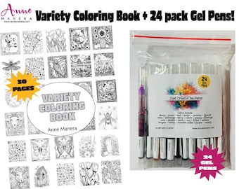Variety Coloring Book + 24 pack Gel Pens!