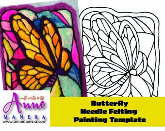May include: A colorful needle felted butterfly design with yellow, orange, and purple accents. The butterfly is set against a stained glass effect background with a purple border. A black and white line drawing of the butterfly is also shown.
