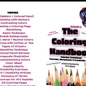 Könnte beinhalten: Das Malbuch-Handbuch, Band 3, ein Buch mit einem bunten Cover, das eine Sammlung von Buntstiften und den Titel in fettem Schwarz zeigt. Das Buch enthält Malvorlagen, Techniken, Tutorials, Arbeitsblätter und Kreativitätsartikel.