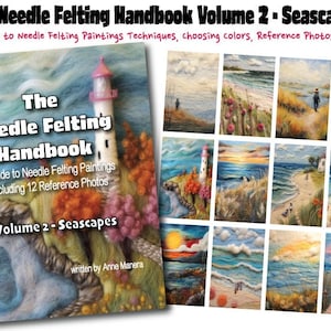 Op de afbeelding: De omslag van een boek getiteld "The Needle Felting Handbook Volume 2 - Seascapes" door Anne Manera. De omslag toont een naaldvilt-zeegezicht met een vuurtoren, bomen en water.