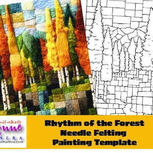 Può includere: Un'opera d'arte colorata in feltro ad ago raffigurante una scena di foresta con alberi nei toni dell'arancione, giallo, verde e bianco. L'opera si intitola "Rhythm of the Forest" e include un modello di pittura.