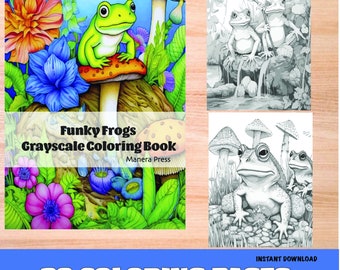 Funky Frogs Grayscale Coloring Book 28 Pages PDF Instant Download