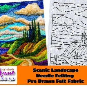 May include: A colorful needle felted scenic landscape with a blue sky, fluffy clouds, and green hills. The image also shows a pre-drawn felt fabric version of the same landscape. Text on the image reads "Scenic Landscape Needle Felting Pre Drawn Felt Fabric."
