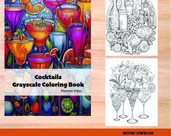 Cocktails Grayscale Coloring Book 28 Pages PDF Instant Download