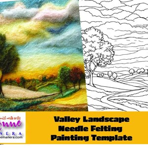 Op de afbeelding: Een kleurrijk naaldvilten landschap met een levendige lucht en bomen, naast een zwart-wit lijntekening van dezelfde scène. De afbeelding bevat de tekst "Valley Landscape Needle Felting Painting Template".