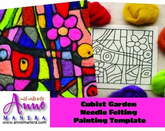 May include: A colorful abstract felted artwork with a floral design, featuring vibrant hues of pink, yellow, blue, and green. A black and white needle felting template is also shown, along with colorful wool roving.