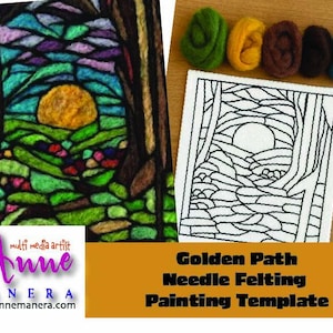 Puede incluir: Una colorida obra de arte de fieltro con aguja y una plantilla en blanco y negro de un paisaje con un sol. La obra de arte presenta una vibrante paleta de verdes, azules, morados y amarillos. La plantilla está acompañada de varios rollos de lana colorida.