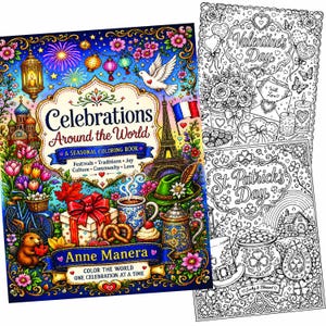 May include: A colorful coloring book titled "Celebrations Around the World" with illustrations of various cultural celebrations. The cover features a variety of images, including the Eiffel Tower, a dove, and fireworks. Includes Valentine's Day and St. Patrick's Day coloring pages.