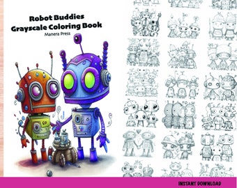 Robots Grayscale Coloring Books PDF instant downloads