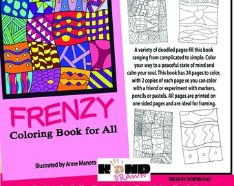 Peut inclure: Une couverture de livre de coloriage rose et blanche avec le titre "FRENZY Coloring Book for All" et le texte "24 Coloring Pages" en grandes lettres grasses. La couverture présente une illustration colorée d'un motif de patchwork et une petite image d'un cœur dessiné à la main.