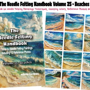 Op de afbeelding: Het Nadelvilten Handboek Deel 25: Stranden, een gids voor naaldvilten schildertechnieken, het kiezen van kleuren, referentiefoto's en meer! De omslag van het boek toont een naaldvilten schilderij van een strandscene met blauw water, witte wolken en een zandstrand.