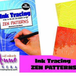 May include: A book titled "Ink Tracing Zen Patterns" with a blue and white cover, featuring a hand tracing a design with a black pen. Two sample pages, one yellow and one orange, are also shown. The book has 50 pages.