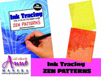 May include: A book titled "Ink Tracing Zen Patterns" with a blue and white cover, featuring a hand tracing a design with a black pen. Two sample pages, one yellow and one orange, are also shown. The book has 50 pages.