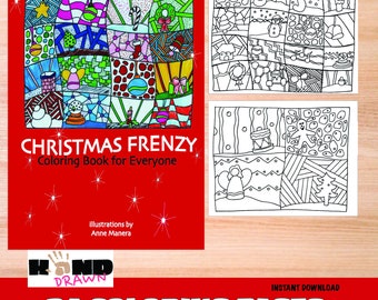 May include: A red coloring book titled "Christmas Frenzy" with a colorful, abstract Christmas-themed illustration. The book is accompanied by two black and white coloring pages. The text reads "Coloring Book for Everyone" and "24 Coloring Pages."