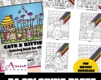 Cats & Kitties Coloring Book Volume 1 illustrated by Anne ManeraInstant Download