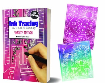 May include: A book titled "Ink Tracing Variety Edition" with a hand drawing with a black pen. The book has a purple and pink gradient cover with a cat and window design. Two colorful art prints with moon, sun, and mushroom designs are also shown.