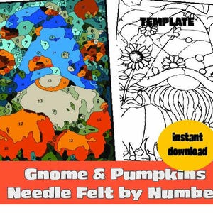 以下が含まれることがあります： 「Needle Felt by Number」クラフトキット。庭のノームとカボチャが描かれています。カラーコード化されたバージョンと白黒テンプレートが表示されています。カラーコード化された画像には、青い帽子、オレンジ色のカボチャ、ベージュのひげがあります。